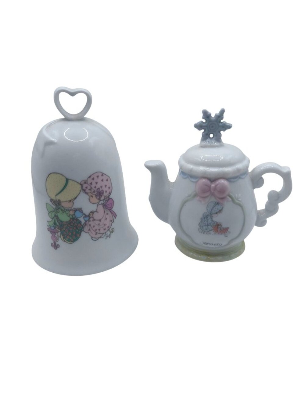 Precious Moments Friends Figurine Collectibles Set Of 2 Bell & Mini Teapot Gifts